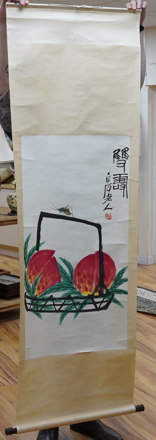 Four Chinese scroll pictures, one after Qi Baishi (1854-1967). Condition - fair